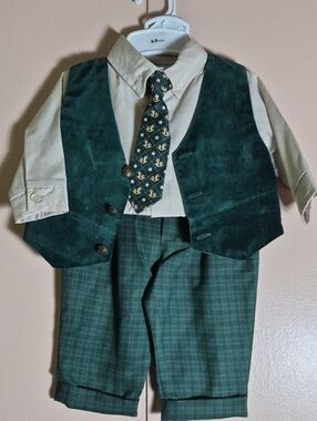 Vintage A Little Angel Baby Boy 4-Pc Vest & Pants Set Green Velvet Plaid 6-9M Y2